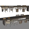 Dark Wood Rectangular Dining Table Set With Comfortable Chairs And Stools 3d model