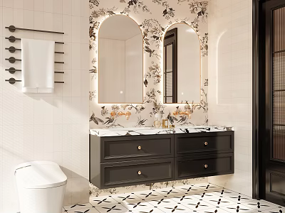 Bathroom Interior Design With Floral Patterned Wall Double Oval Mirrors Black Vanity Marble Countertop And Geometric Floor Tiles 3d model