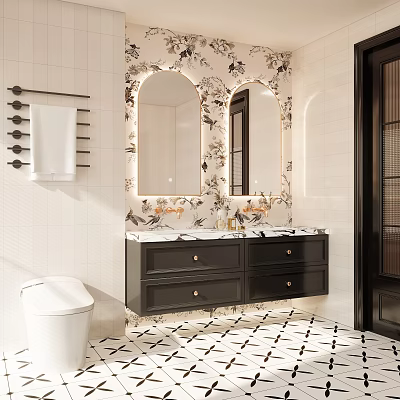 Bathroom Interior Design With Floral Patterned Wall Double Oval Mirrors Black Vanity Marble Countertop And Geometric Floor Tiles 3d model