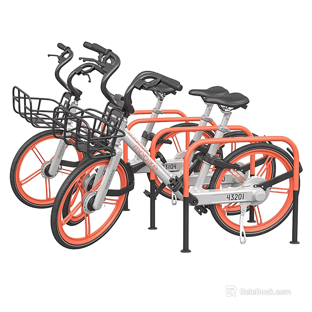 Shared Bicycles with Silver Bodies and Orange Wheels Black Baskets on Handlebars at Bike Rack 3d model 