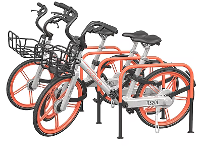 Shared Bicycles with Silver Bodies and Orange Wheels Black Baskets on Handlebars at Bike Rack 3d model