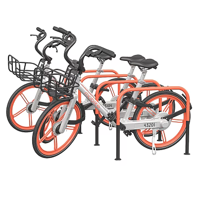 Shared Bicycles with Silver Bodies and Orange Wheels Black Baskets on Handlebars at Bike Rack 3d model