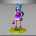 Cute Cat Eared Character With Blue Hair In Pink Dress Holding Pink Bag On Green Base