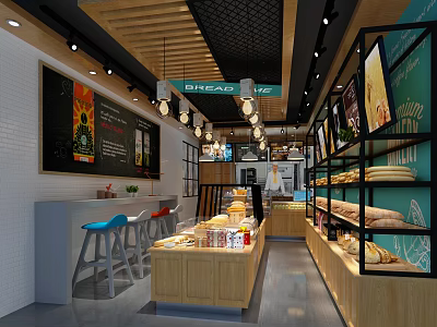 Cozy Dessert Shop Interior With Wooden Counter Bread Display And Pendant Lights 3d model