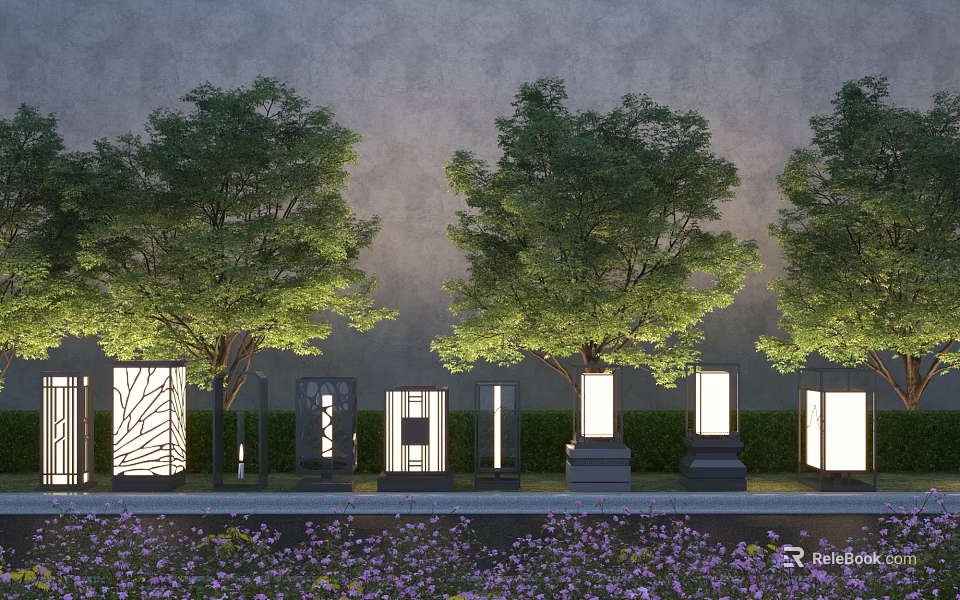 Stylish Outdoor Landscape Lights Decorate Garden With Trees And Purple Flowers 3d model 