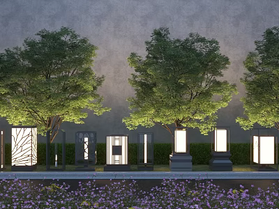 Stylish Outdoor Landscape Lights Decorate Garden With Trees And Purple Flowers 3d model