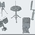Multiple Types of Metallic Equipment with Stands Antennas and Dish Structures for Communication and Detection