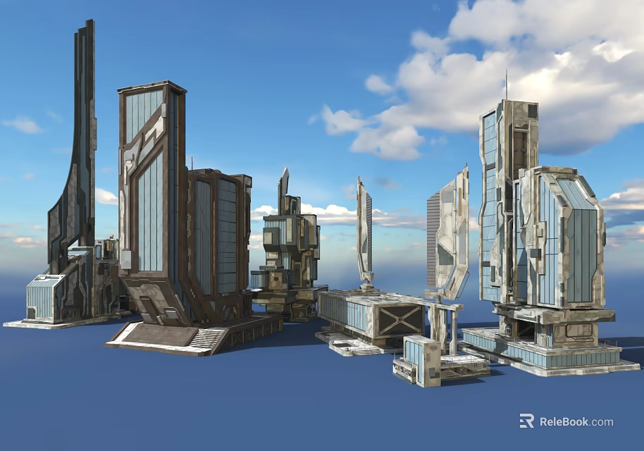 Cartoon Scene of Futuristic City With Tall Towers Glass And Metal Structures Under Blue Sky 3d model 