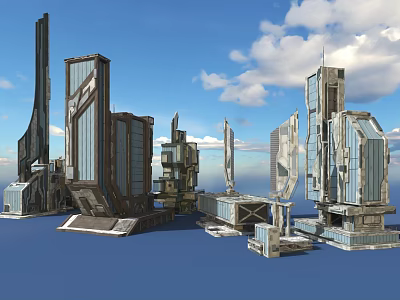 Cartoon Scene of Futuristic City With Tall Towers Glass And Metal Structures Under Blue Sky 3d model
