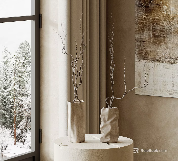 Minimalist Ceramic Vases With Dry Branches On White Round Table Window Snowy View Interior 3d model 