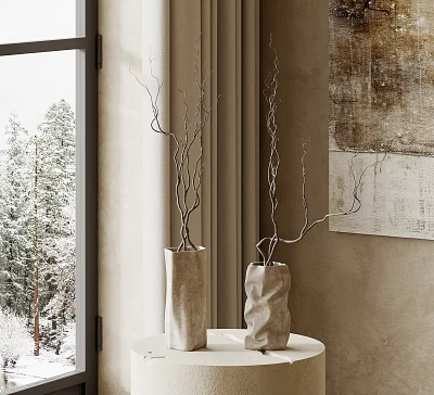 Minimalist Ceramic Vases With Dry Branches On White Round Table Window Snowy View Interior 3d model