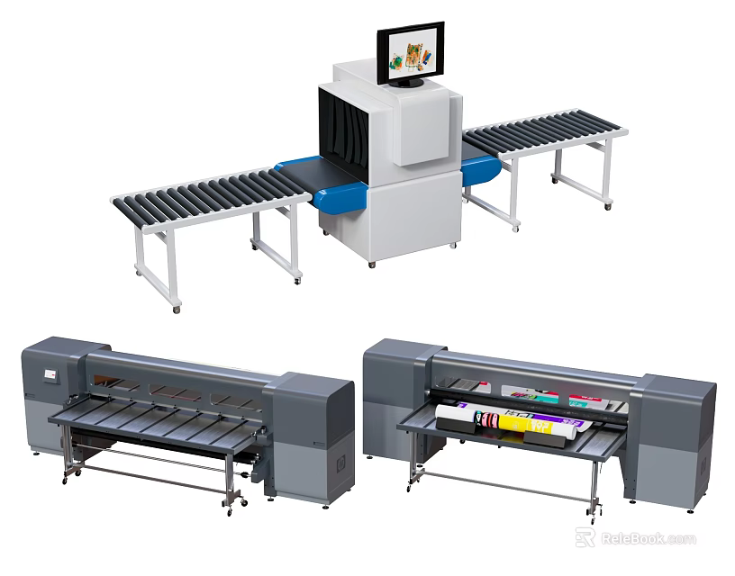 Public Facilities Featuring Security Scanner With Conveyor Belt Display Screen And Large Industrial Printers 3d model 
