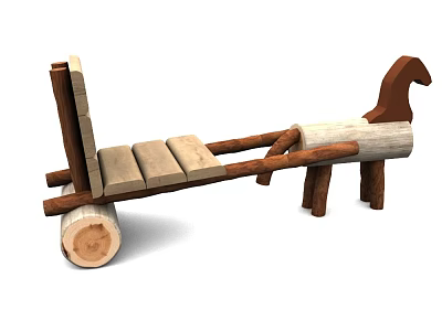 Handmade Wooden Cart With Simple Design Featuring Wooden Bench And Horse Head 3d model