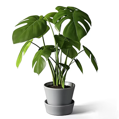 Indoor Decorative Plant Arrangement With Monstera Leaves In Gray Pot And Saucer 3d model