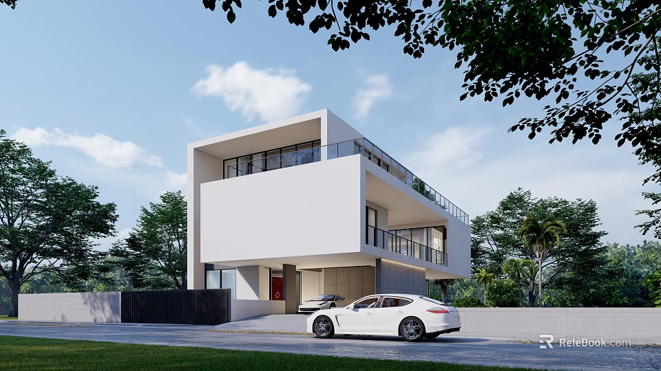 Modern White Two Story Detached Villa With Green Trees And Car In Front 3d model 