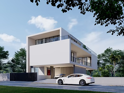 Modern White Two Story Detached Villa With Green Trees And Car In Front 3d model