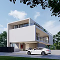 Modern White Two Story Detached Villa With Green Trees And Car In Front