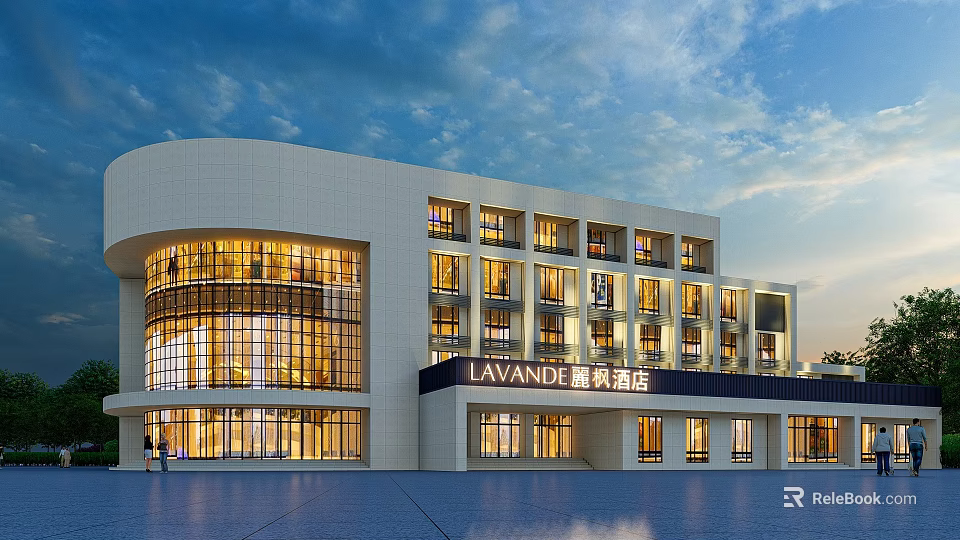 LAVANDE Hotel Facade Design With Modern White Exterior And Illuminated Windows 3d model 