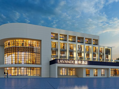 LAVANDE Hotel Facade Design With Modern White Exterior And Illuminated Windows 3d model