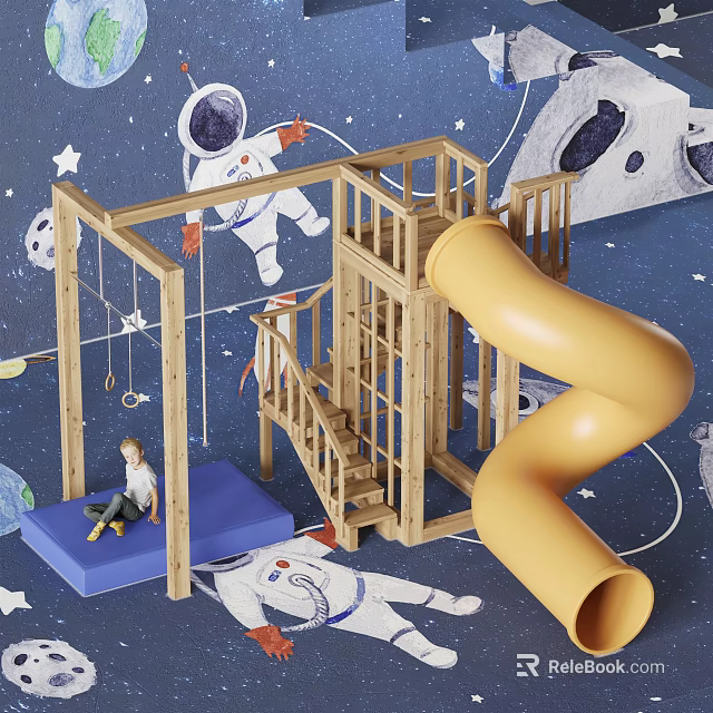 Wooden Kids Playground Equipment With Slide Swings Blue Mat Astronaut Decor And Starry Space Background 3d model 