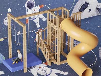 Wooden Kids Playground Equipment With Slide Swings Blue Mat Astronaut Decor And Starry Space Background 3d model