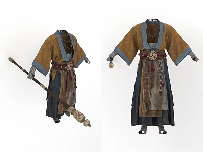 Traditional Ancient Style Robe With Brown Blue Fabric Decorative Belt And Tassel Accessories 3d model