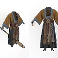 Traditional Ancient Style Robe With Brown Blue Fabric Decorative Belt And Tassel Accessories