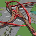 Modern Red Arch Bridge With Multiple Curved Structures Spanning Road Green Area And Water