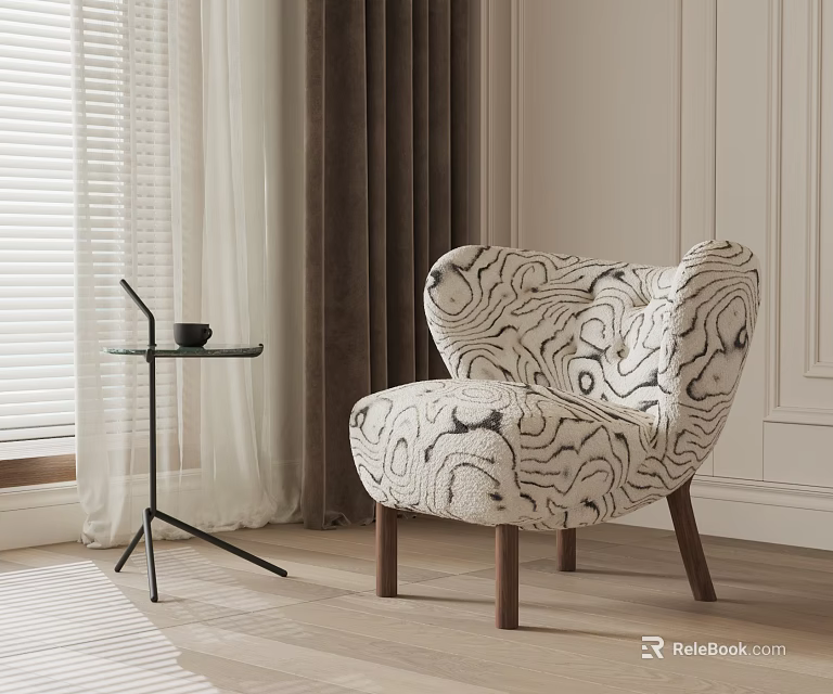 Elegant Abstract Pattern Lounge Chair With Wooden Legs And Side Table Near Window Curtains 3d model 
