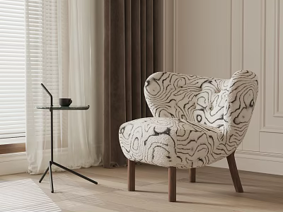 Elegant Abstract Pattern Lounge Chair With Wooden Legs And Side Table Near Window Curtains 3d model