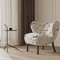 Elegant Abstract Pattern Lounge Chair With Wooden Legs And Side Table Near Window Curtains