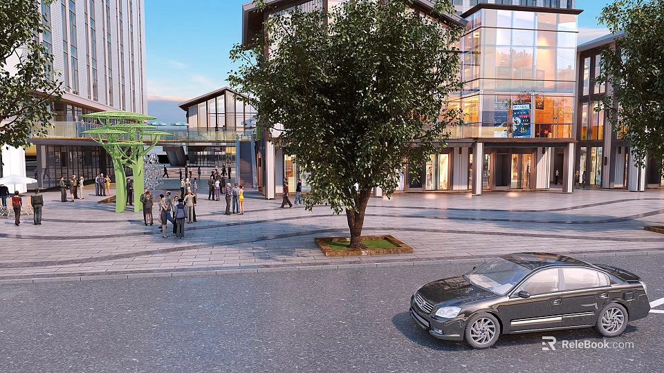 Vibrant Commercial Street with Modern Buildings Glass Facades Pedestrians Trees and Plaza Area 3d model 