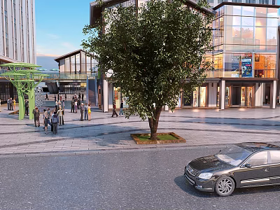 Vibrant Commercial Street with Modern Buildings Glass Facades Pedestrians Trees and Plaza Area 3d model