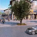 Vibrant Commercial Street with Modern Buildings Glass Facades Pedestrians Trees and Plaza Area