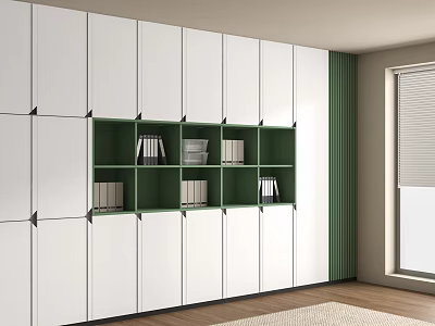 Modern Room Interior With White Cabinets Green Open Shelves Books And Window 3d model