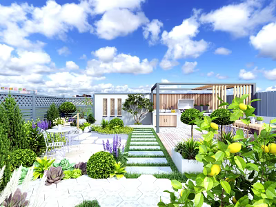 Roof Garden Landscape With Green Plants Stone Pathway Wooden Structure Outdoor Seating And Lemon Trees 3d model