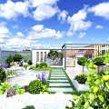 Roof Garden Landscape With Green Plants Stone Pathway Wooden Structure Outdoor Seating And Lemon Trees