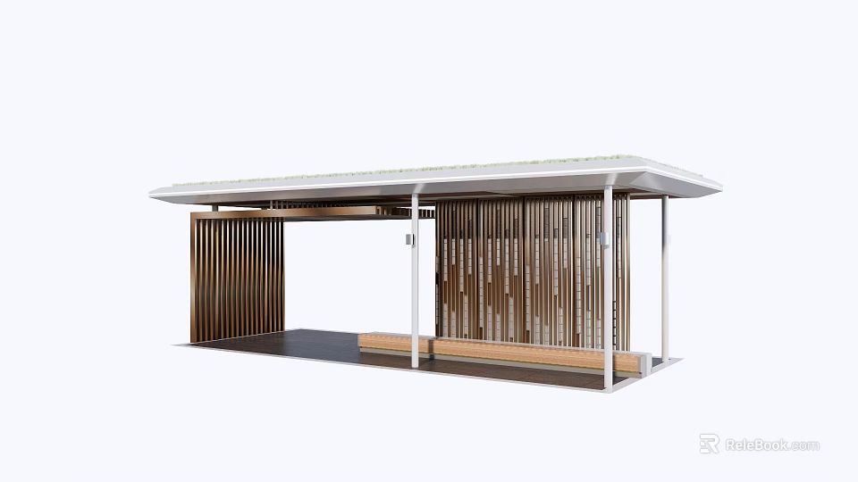 Modern Garden Landscape Pavilion With Wooden Strip Walls Green Roof And Bench 3d model 