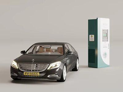 Luxury Sedan Parked Next to Modern Electric Vehicle Charging Station 3d model