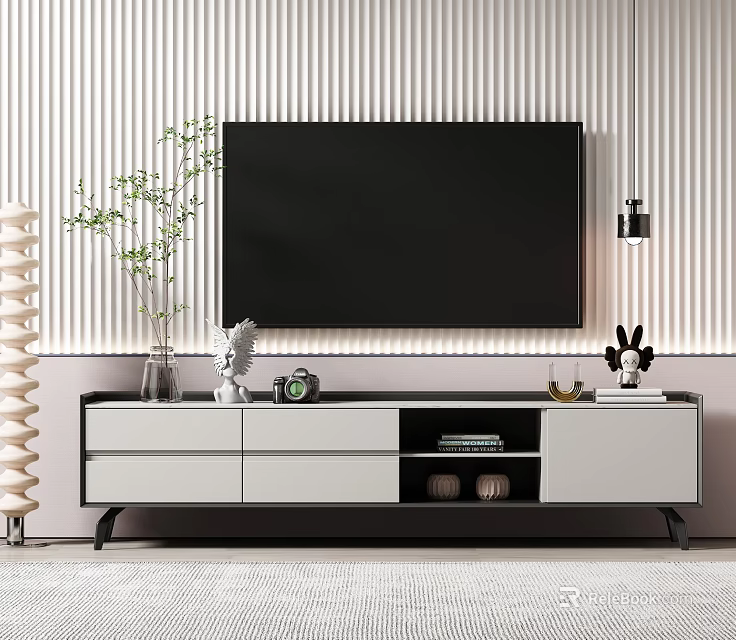 Modern TV Stand With Wall Mounted TV And Decorative Items On Top 3d model 