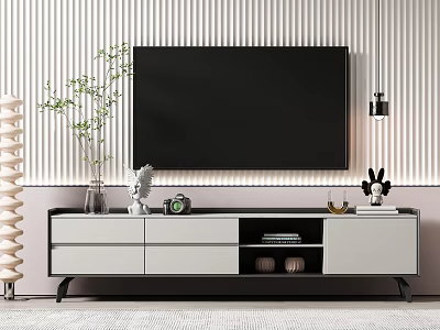 Modern TV Stand With Wall Mounted TV And Decorative Items On Top 3d model