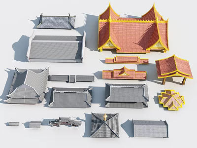 Traditional Architectural Roof Components Various Styles With Gray Red Tiles And Yellow Accents 3d model