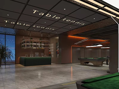 Modern Billiard Room Interior With Billiard Tables Ceiling Design Lighting And Bar Counter 3d model