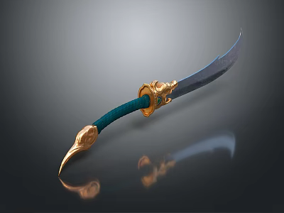 Fantasy Character Wielding Curved Sword With Golden Hilt And Green Handle 3d model