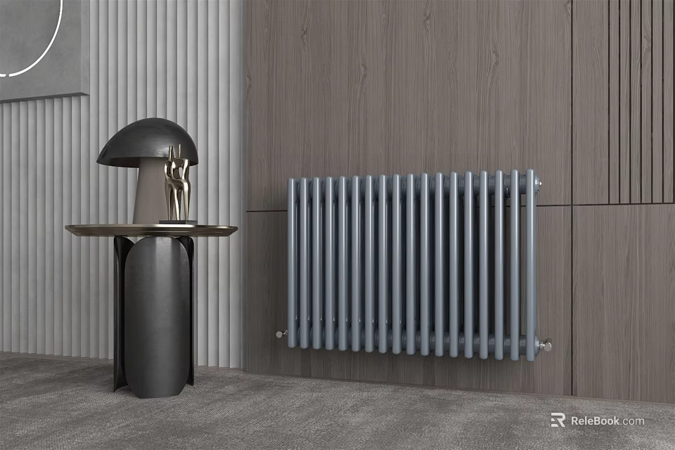 Modern Gray Radiator With Wooden Wall Striped Panel And Black Lamp In Room 3d model 