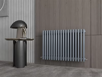 Modern Gray Radiator With Wooden Wall Striped Panel And Black Lamp In Room 3d model