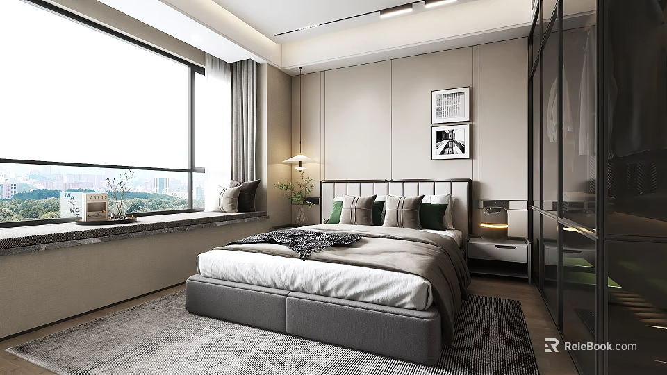 Modern Bedroom Interior With Large Gray Bed White Green Pillows Green Plant And Gray Carpet 3d model 