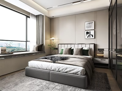 Modern Bedroom Interior With Large Gray Bed White Green Pillows Green Plant And Gray Carpet 3d model