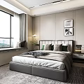 Modern Bedroom Interior With Large Gray Bed White Green Pillows Green Plant And Gray Carpet