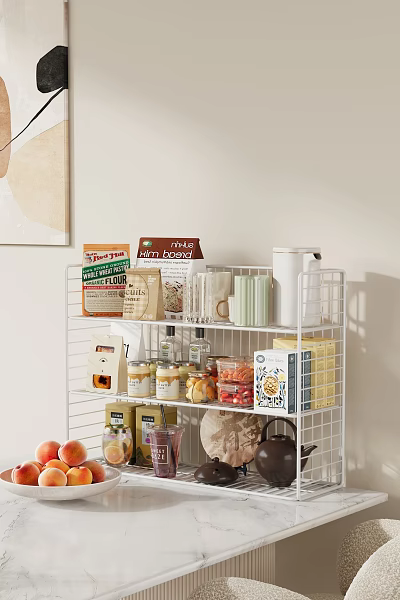 White Wire Kitchen Shelving Unit with Noodles Boxes Rice Bags Glass Cups and Storage Jars 3d model